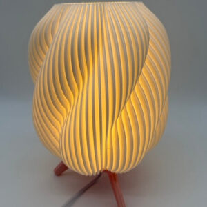 Alternative view of Premium Designer Table Lamp 'Wave' with Wavy White Shade and Wooden Base - Atmospheric Modern Lighting