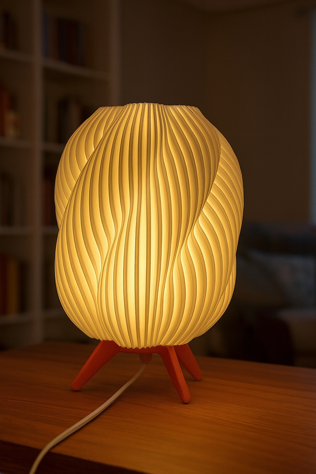 Premium Designer Table Lamp 'Wave' with Wavy White Shade and Wooden Base - Atmospheric Modern Lighting