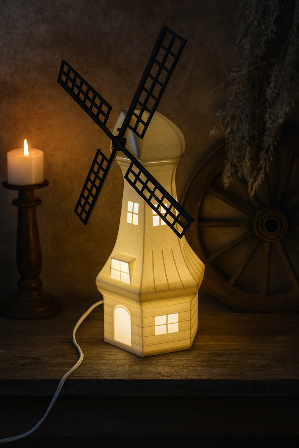 Premium Decorative table lamp 'Mill' in the shape of a windmill - unique mood lamp with warm light